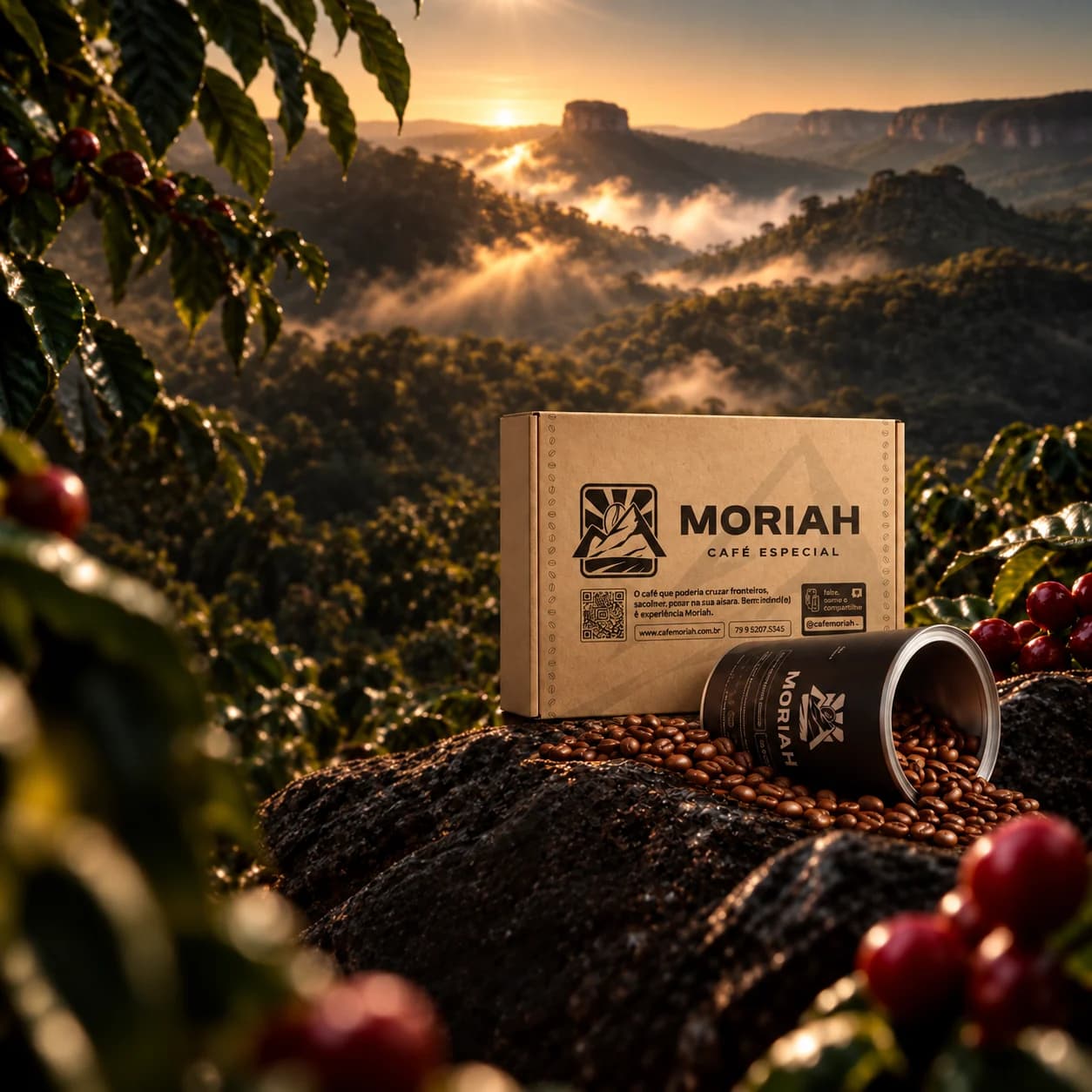 Caixa de assinatura Café Moriah com uma lata de café em uma plantação